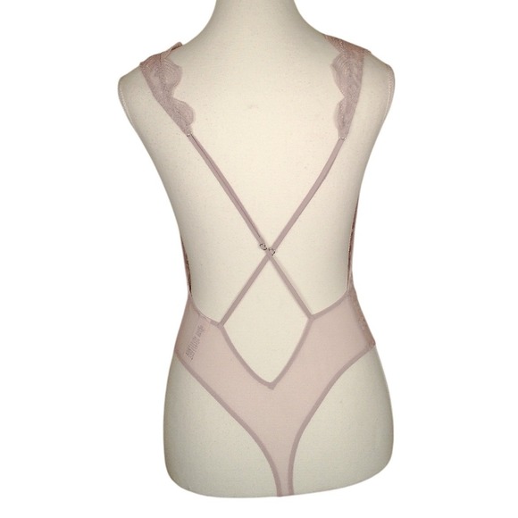 Victorias Secret Lace Plunge Bodysuit Sheer Teddy Teddy Mauve M - Picture 3 of 8